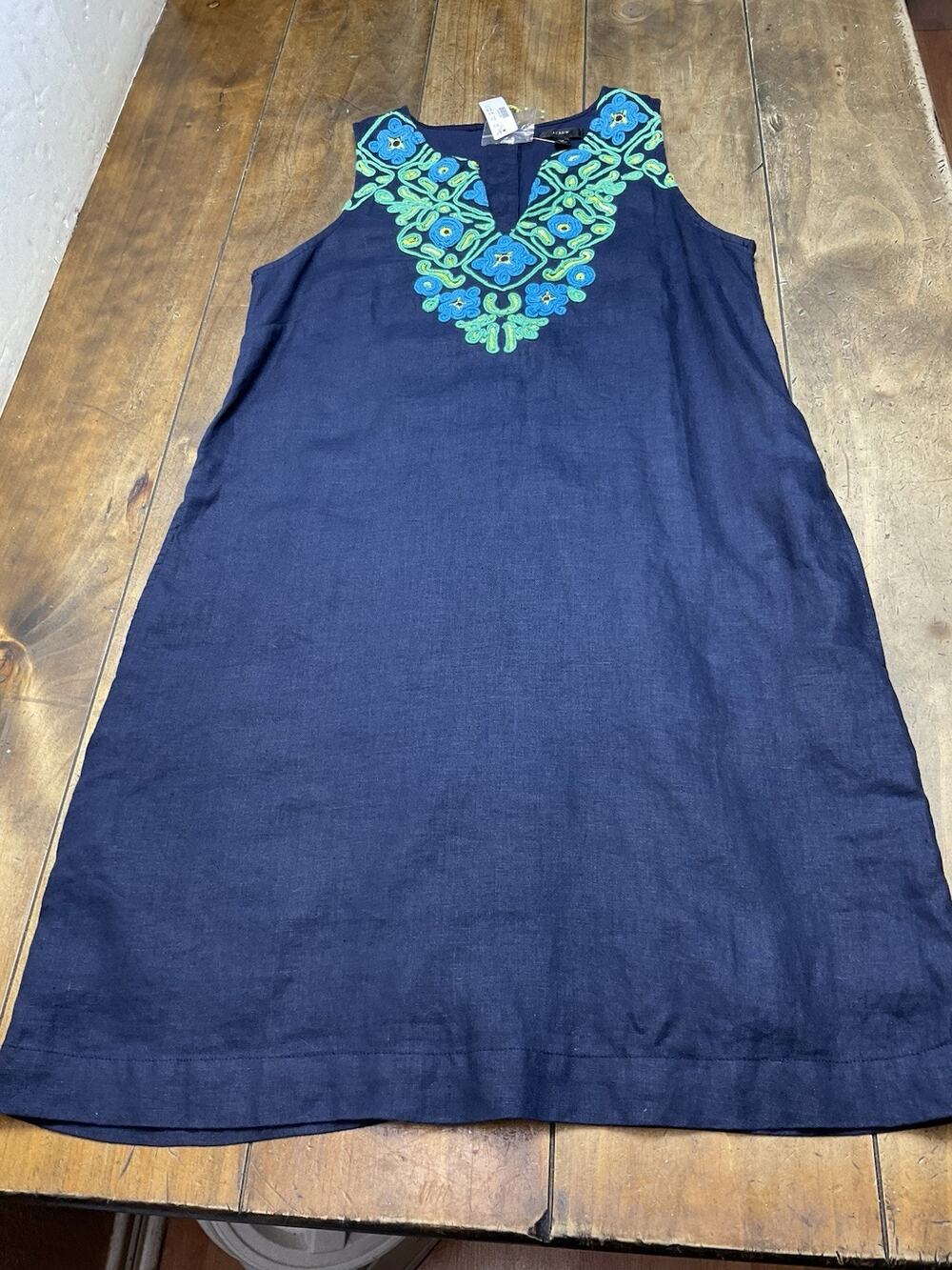 J.CREW Shift Dress Navy Blue Green Embroidered Linen Sleeveless Floral Button MT